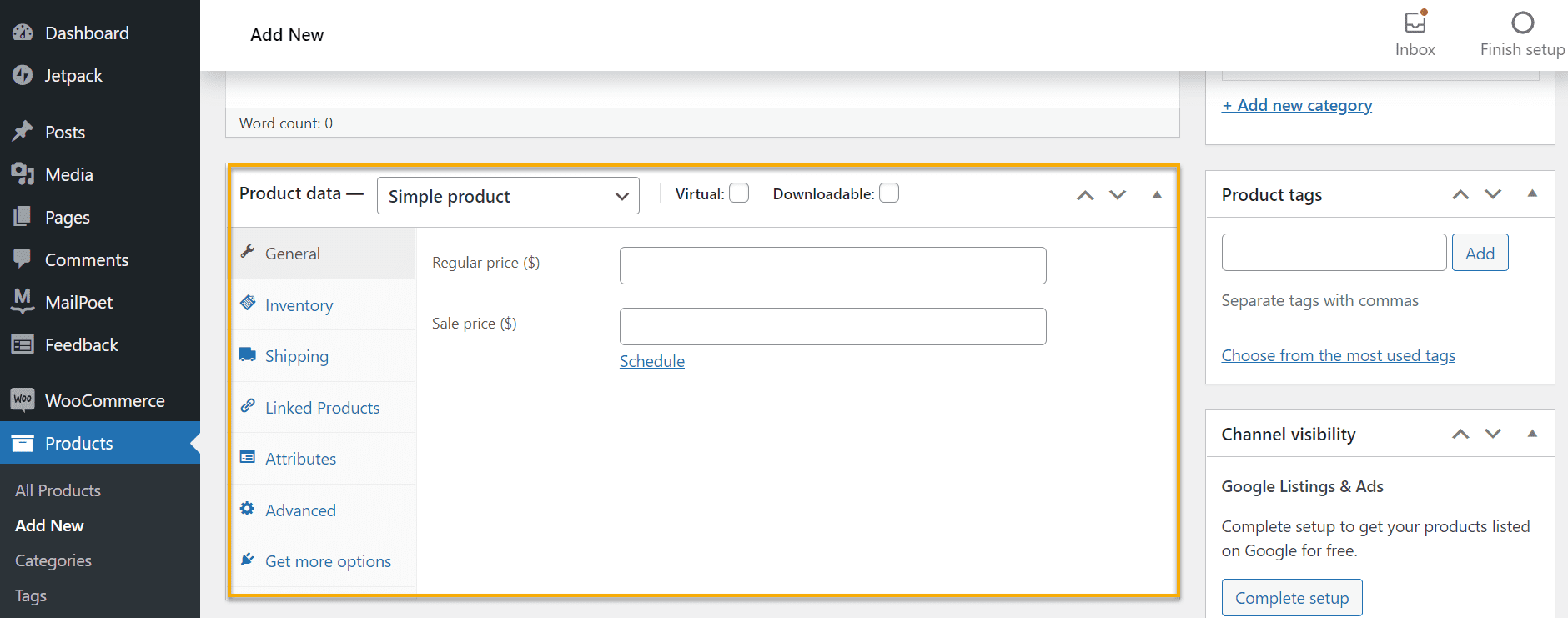 product data set up