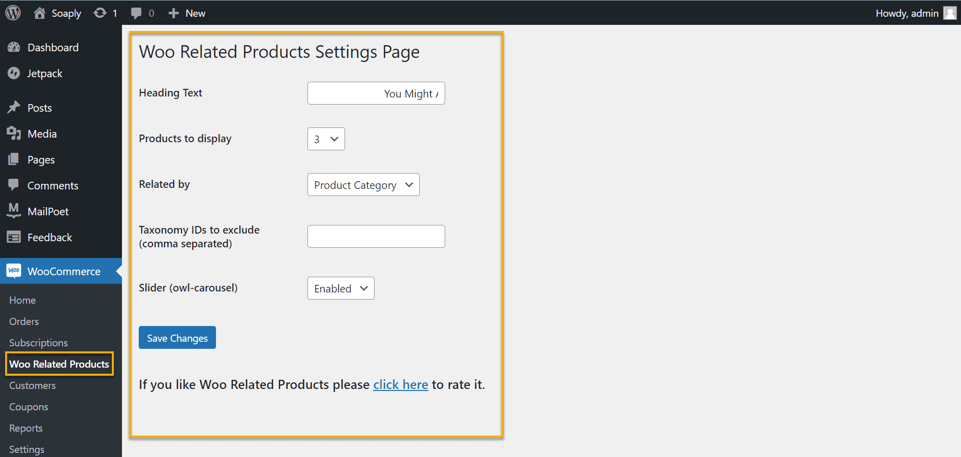 woo related products settings page