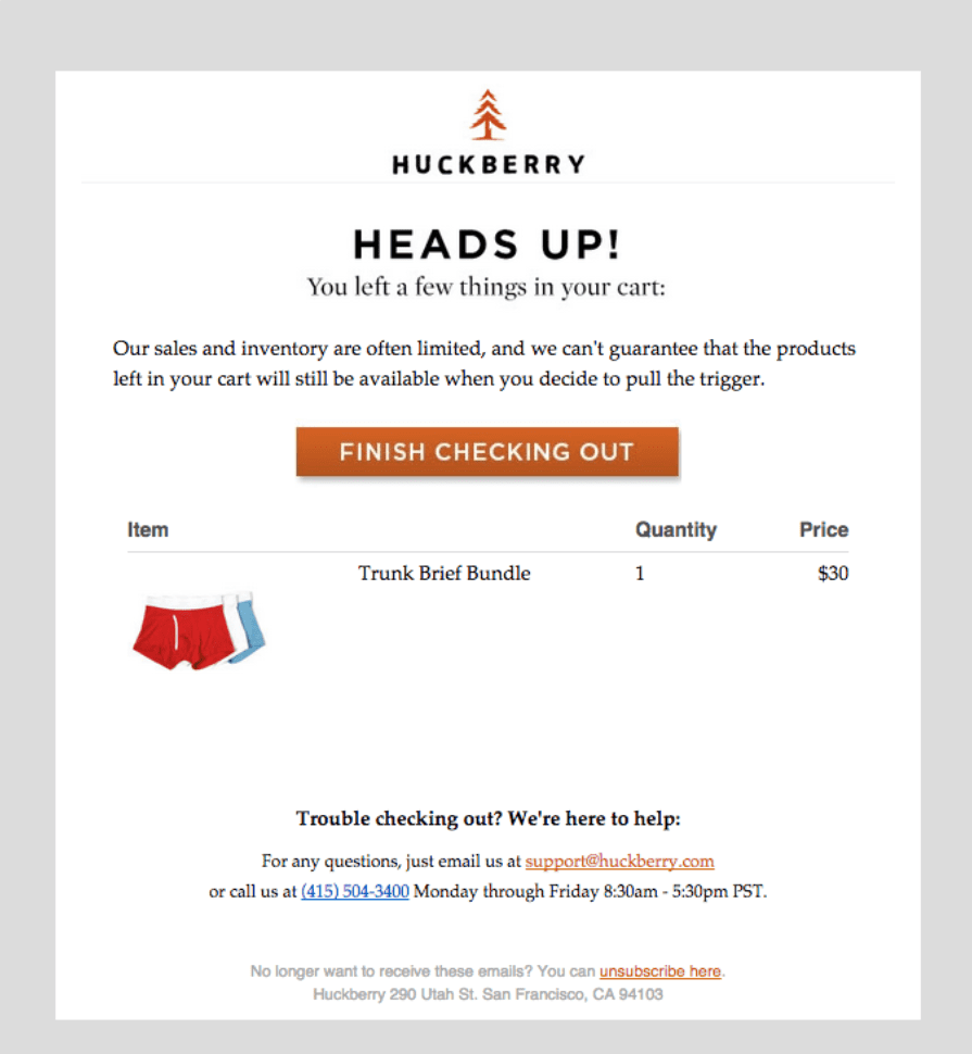 huckberry cart abandonment email
