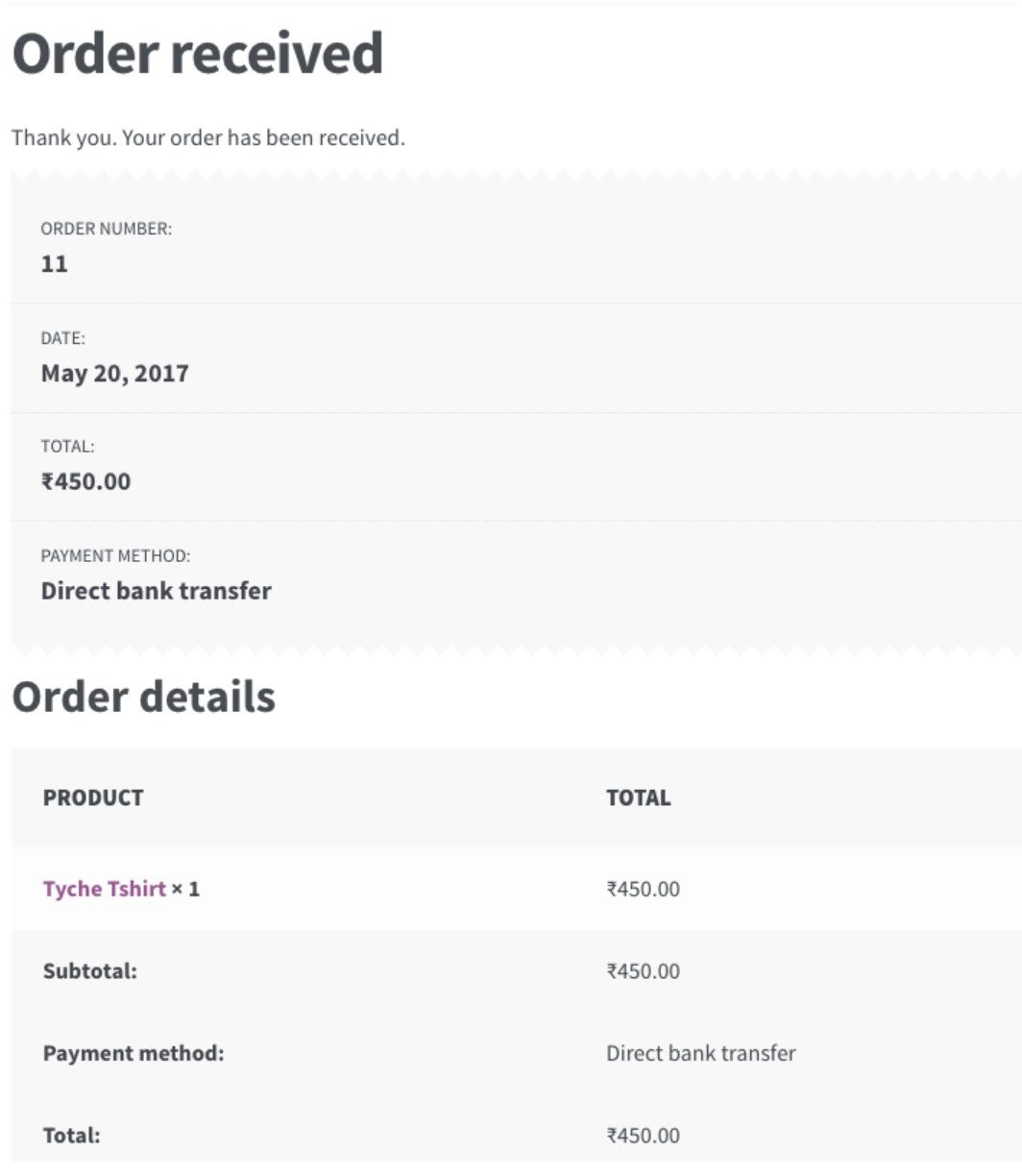 order received basic woocommerce thank you page 