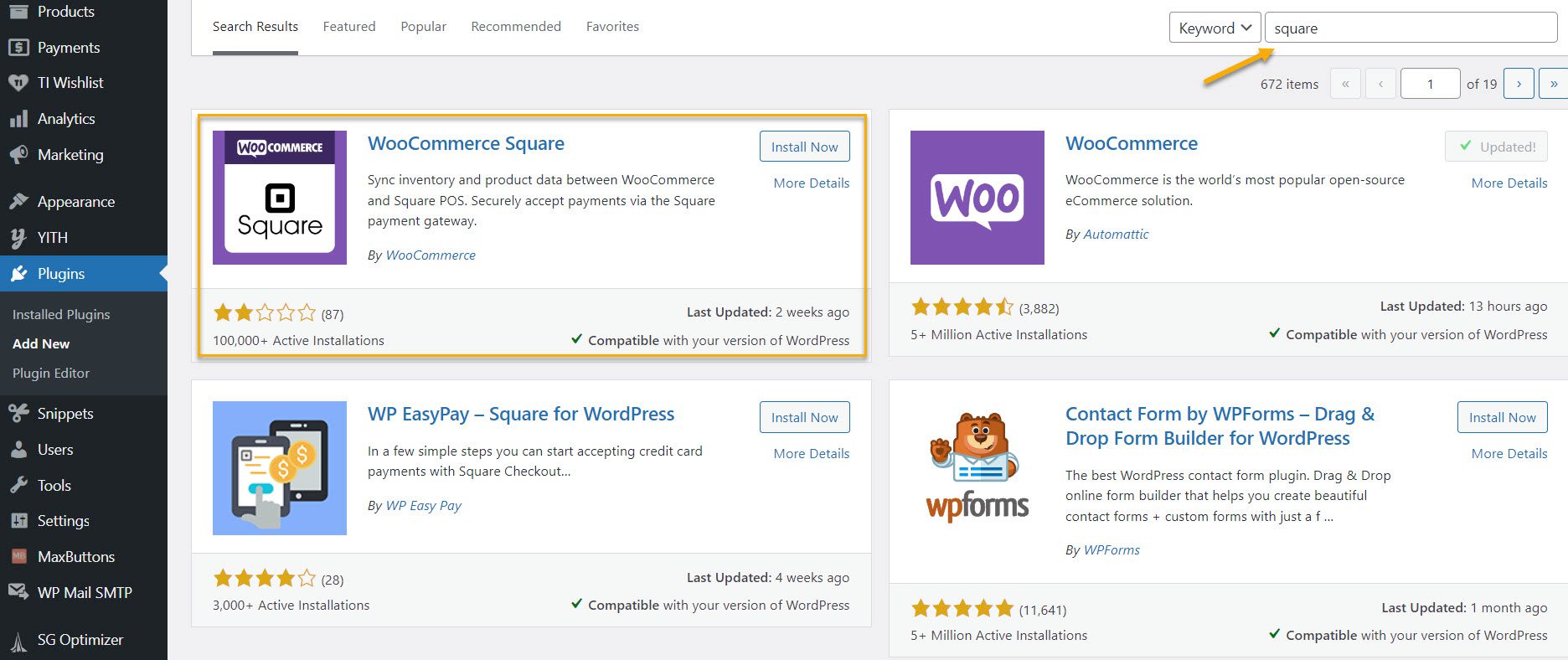 install and activate woocommerce square