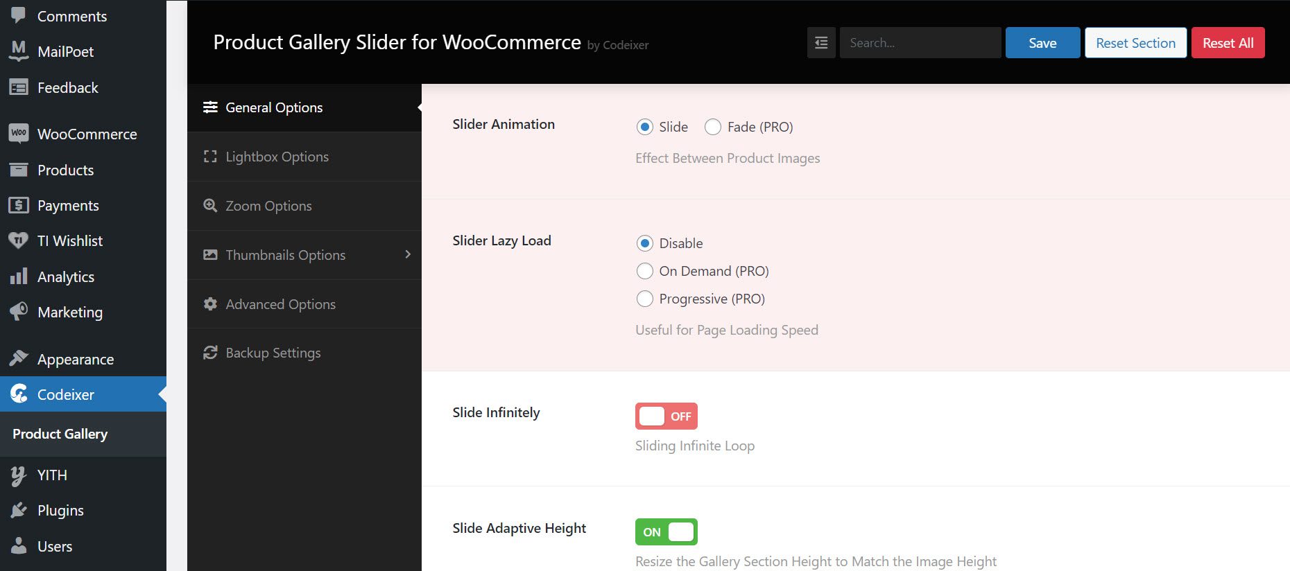 configure settings for product gallery slider for woocommerce