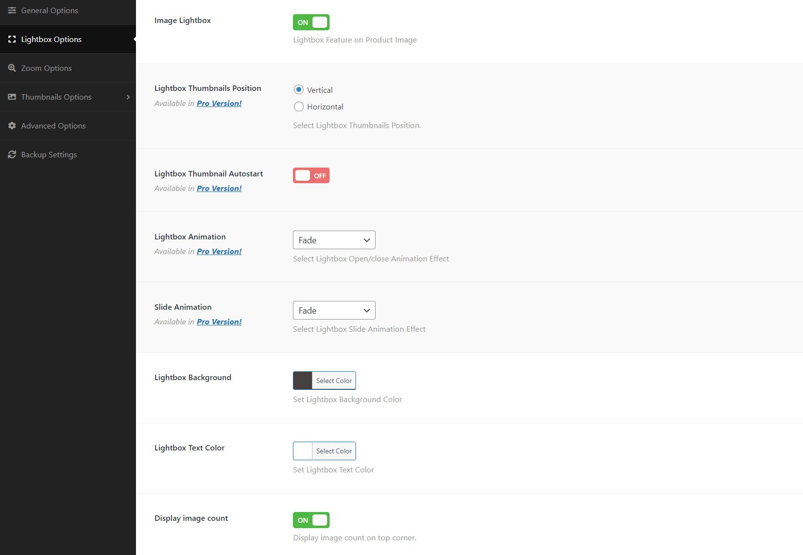 ligthbox options for woocommerce product gallery 