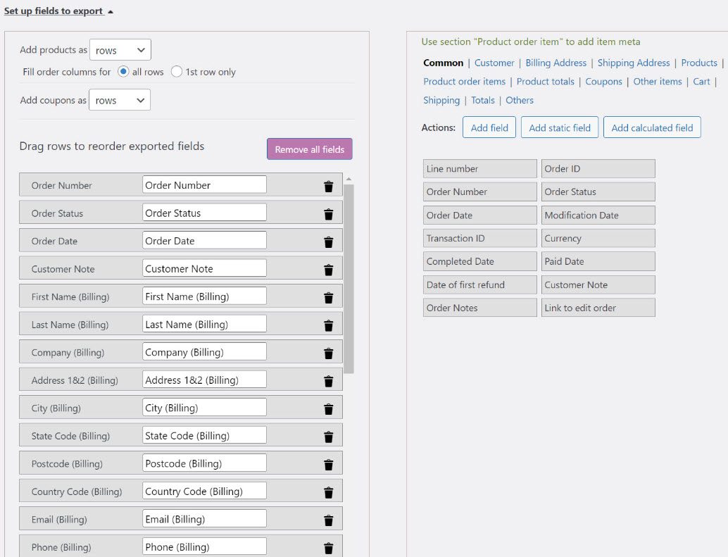 set up fields to export