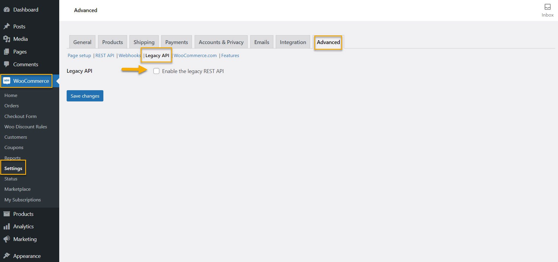 enable legacy api on woocommerce