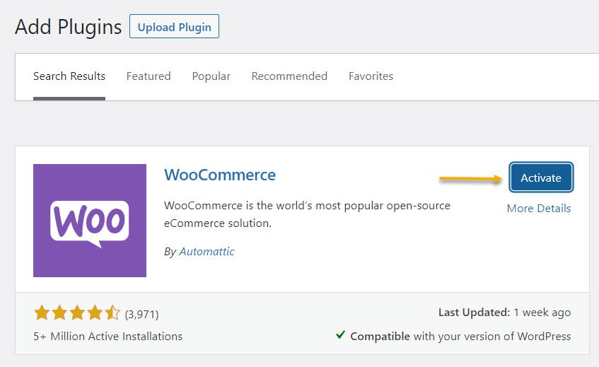 activate woocommerce