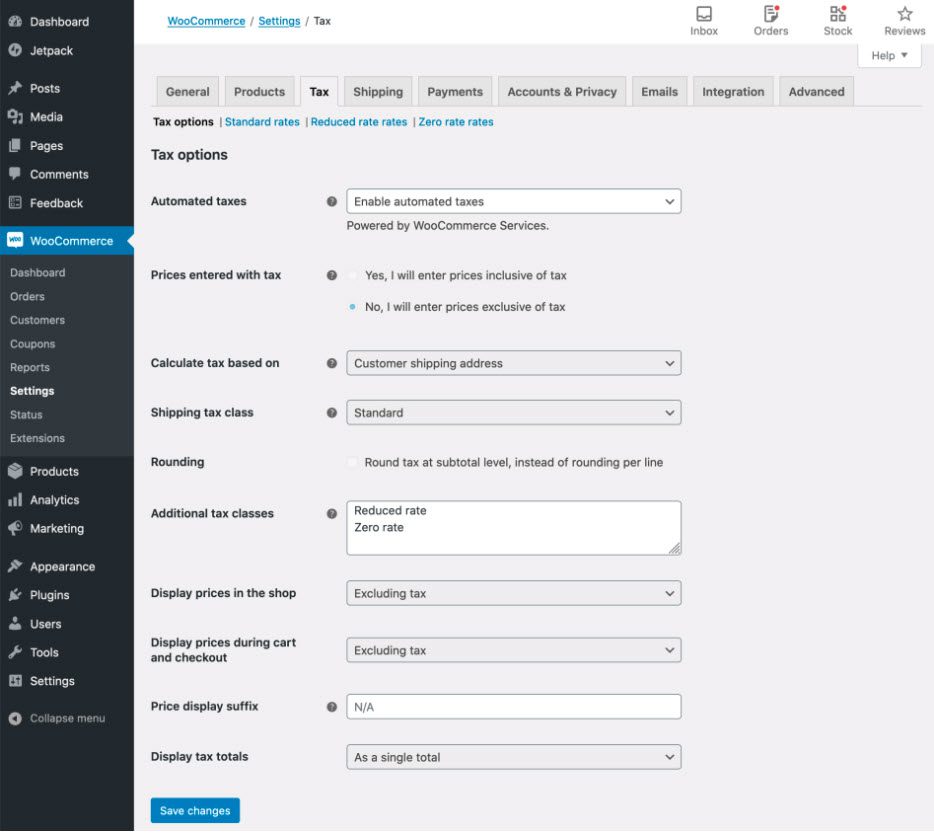 configure tax settings on woocommerce