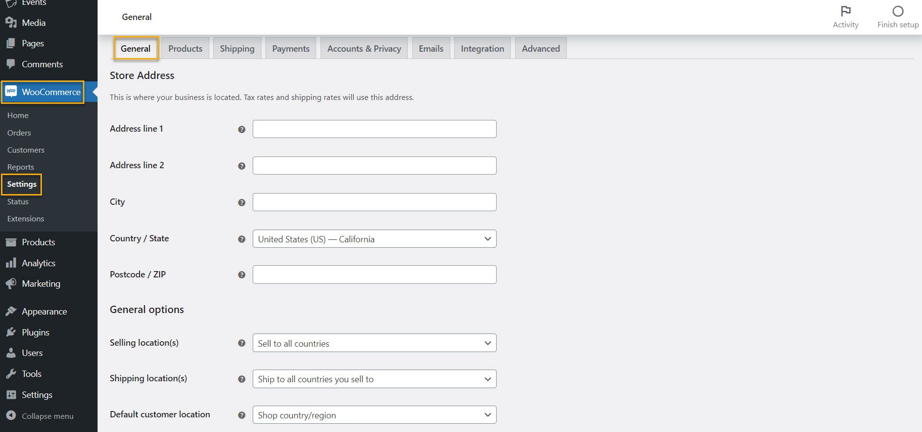 woocommerce general settings - set up taxes